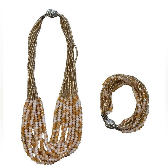 Champagne Colored Beaded Necklace & Bracelet Set - Picture 1 of 8
